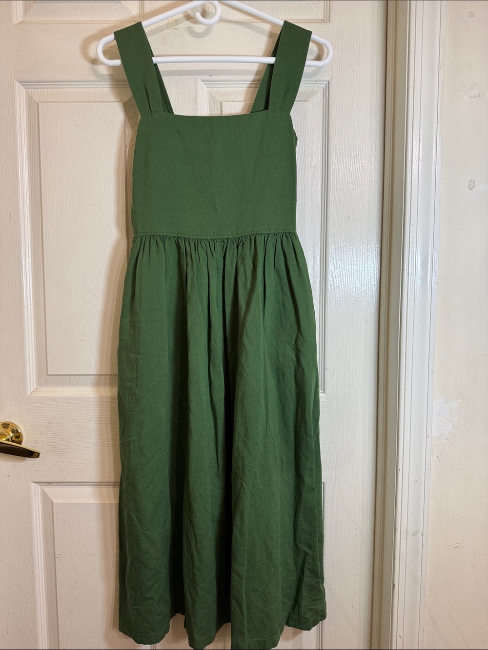 Uniqlo Linen-Blend Shirred Green Square-Neck Sleeveless Midi Dress Pockets Small